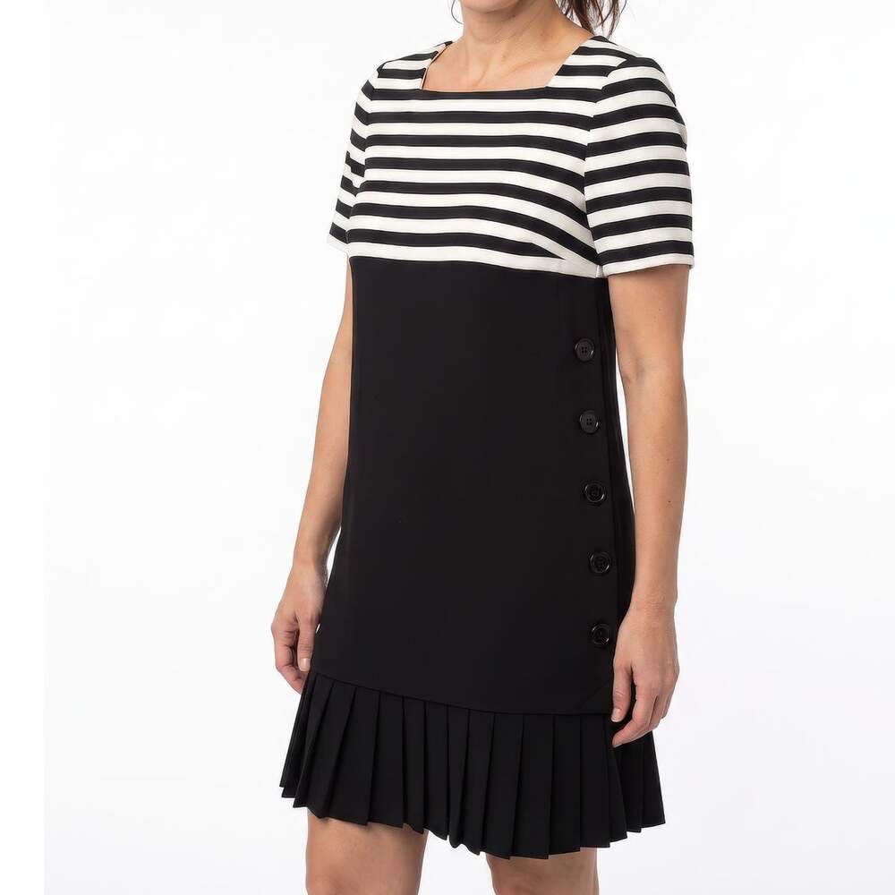 80's 90's Vintage LIZ CLAIBORNE STRIPED Button Side Pleated Dress 4 Petite 4P
